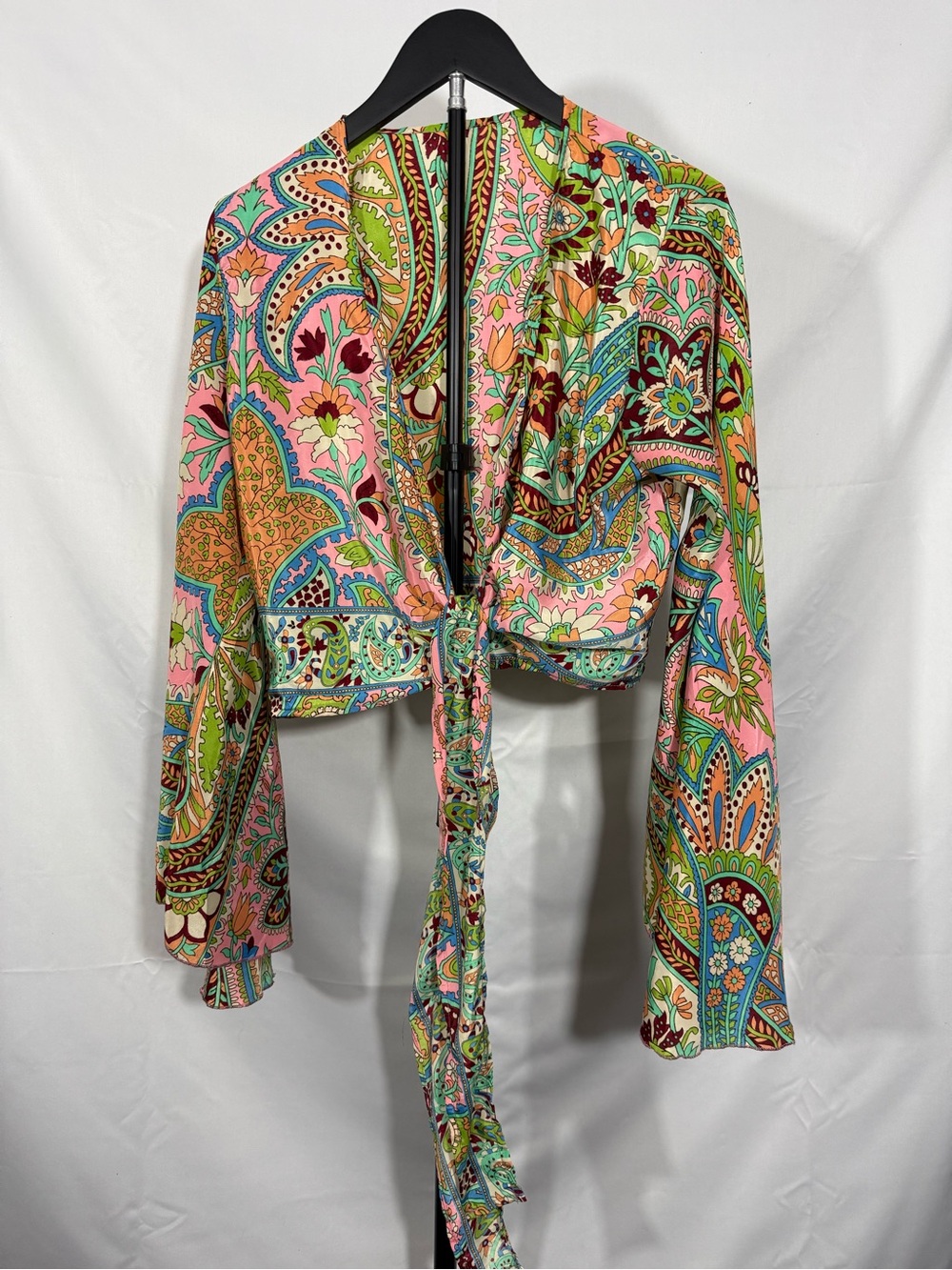 70% Silk Paisley Floral Kimono Jacket Draped Sleeve Tie Front